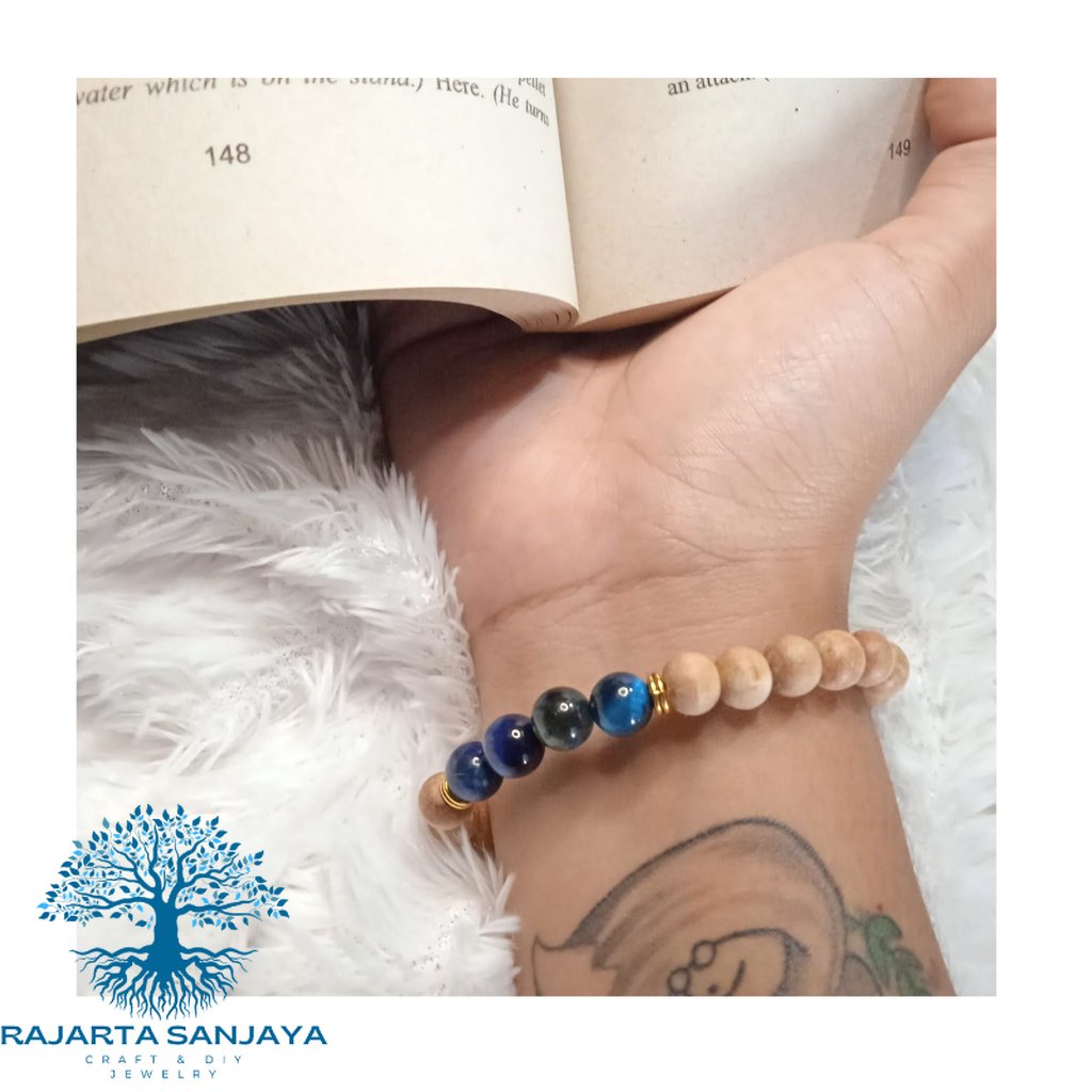 Gelang Batu Original Handmade Kayu Cendana Kombinasi Batu Alam Blue Tiger Eye