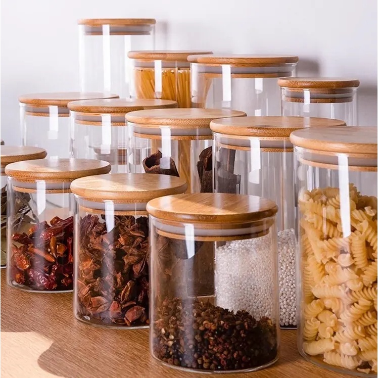 Toples Kaca Tutup Kayu / Toples Penyimpanan Kedap Udara / Toples Kue / Toplea Makanan / Toples Cemilan / Jar Kaca Tutup Kayu / Glass Wooden Lid