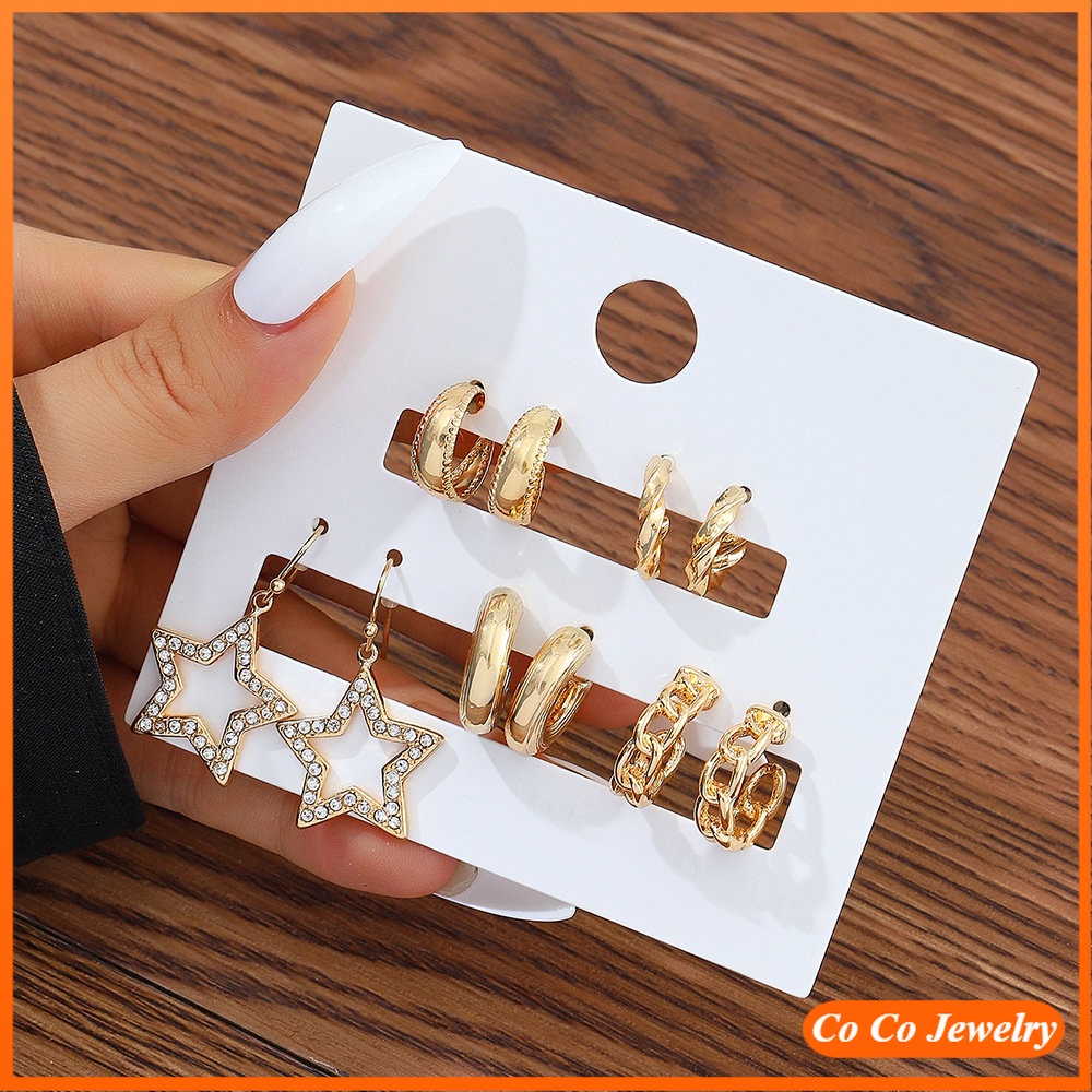 Cocojewelry C-shaped Earring Set Retro Bintang Berujung Lima Lingkaran Berlian Anting