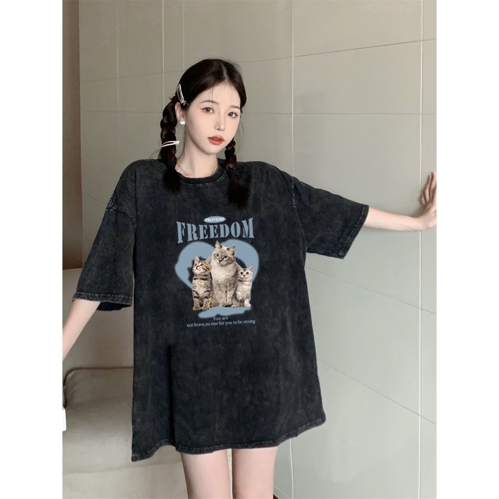 XIAOZHAINV Kaos Atasan Wanita Three Cats Pattern Lengan Pendek A0158