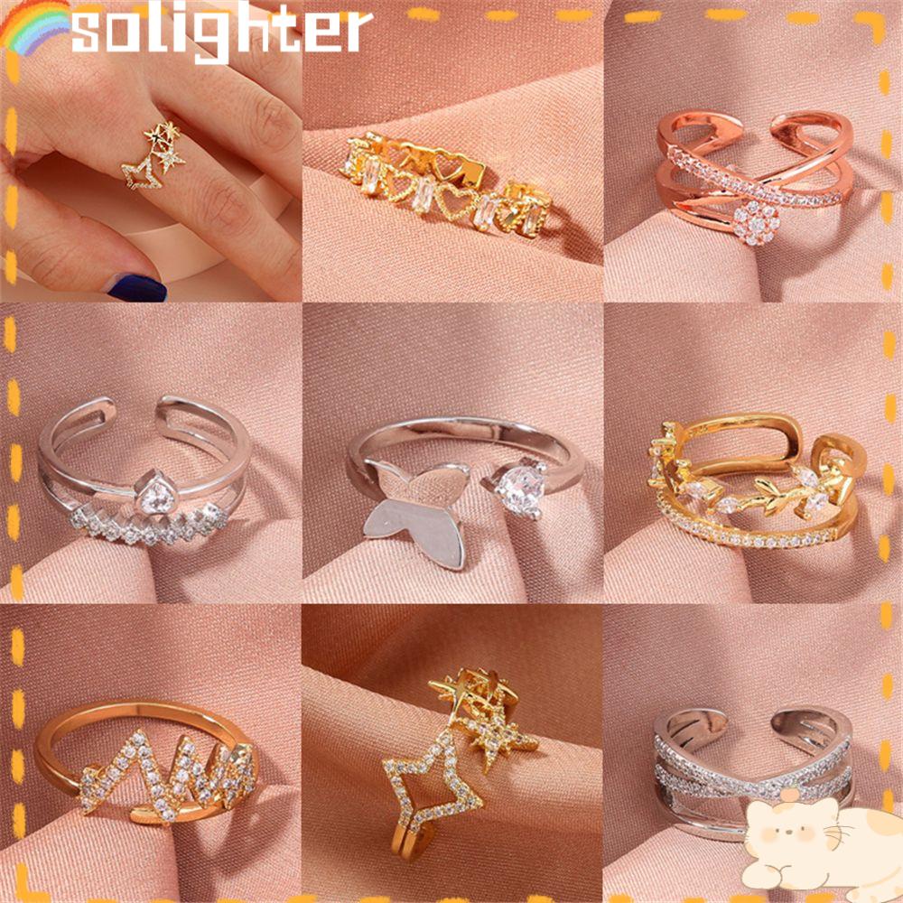 Solighter Cincin Terbuka Aksesoris Pernikahan Vintage Punk Zircon Untuk Wanita Perempuan Adjustable Ring