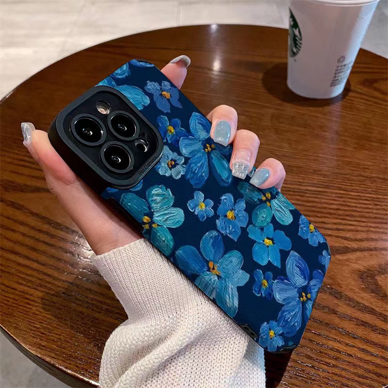 【Lamb Skin】Vertical Grain Soft Case for IPhone 6S 7 Plus 8 Plus X XS XR XS Max 11 13 12 14 PRO Max 14 Plus Fashion Blue camellia Flower Girl Women's