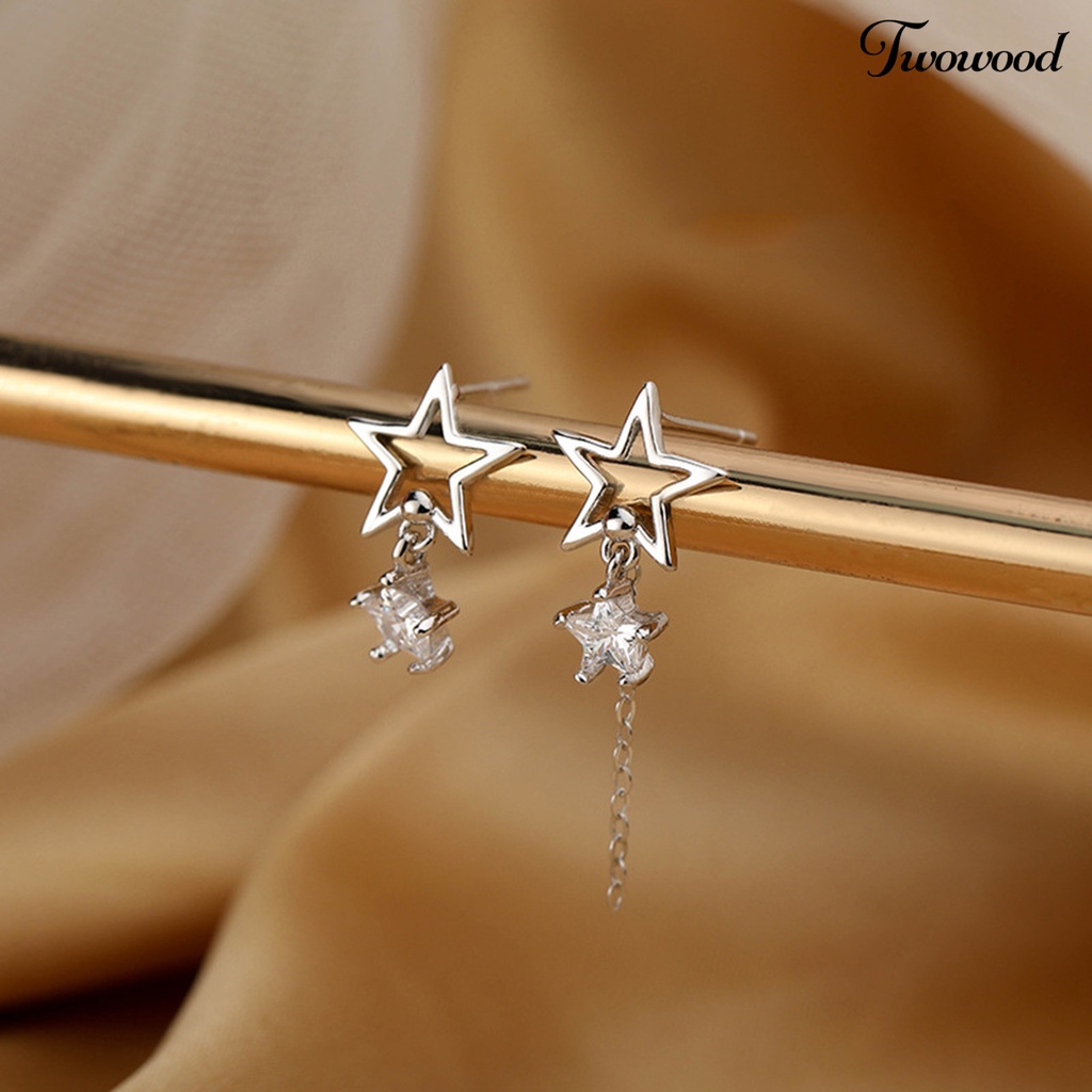 Twowood 1pasang Ear Studs Rantai Bintang Berongga Rumbai Tidak Teratur Warna Emas/Perak Cubic Zirconia Tertanam Bintang Drop Anting-Anting Perhiasan Fashion