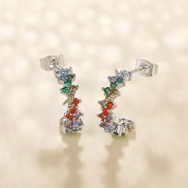Fancy Rainbow Color Hoop Earrings Untuk Wanita Warna Perak Mempesona Cubic Zirconia Sederhana Bergaya Perempuan Anting Hadiah Fashion Perhiasan