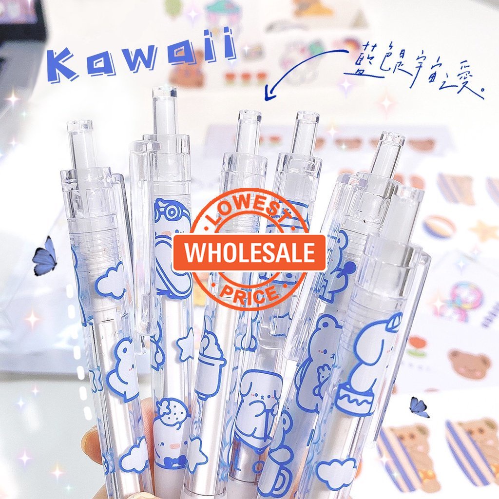 [Harga Grosir] 1pc Kawaii Blue Animal Gel Pen INS Korea Pulpen Transparan Tulisan Halus 0.5mm Hitam Press Pen Siswa Alat Tulis Perlengkapan Kantor Sekolah
