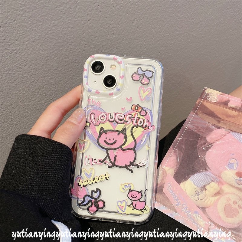 IPHONE Ins Lucu Kartun Graffiti Cinta Hati Kucing Case Kompatibel Untuk Iphone11 7 8 Plus XR 14 13 12 Pro MAX X XS MAX 6 6S Plus Airbag Shockproof Lembut Silicon TPU Penutup Belakang