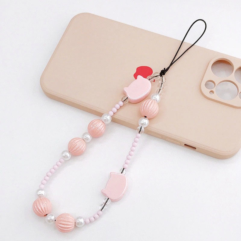 Gelang Manik-Manik Kepala Kucing Pearlescent Lucu Rantai Anti Hilang Untuk iPhone Android OPPO VIVO Huawei Xiaomi Redmi Samsung Phone Strap