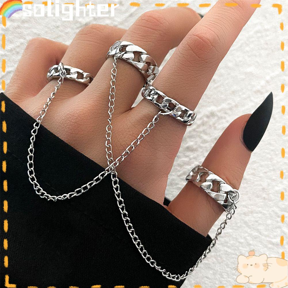 Solighter 2 Pcs/Set Rantai Liontin Cincin Hadiah Pesta Melingkar Punk Alloy Rotate Rings Rings Set