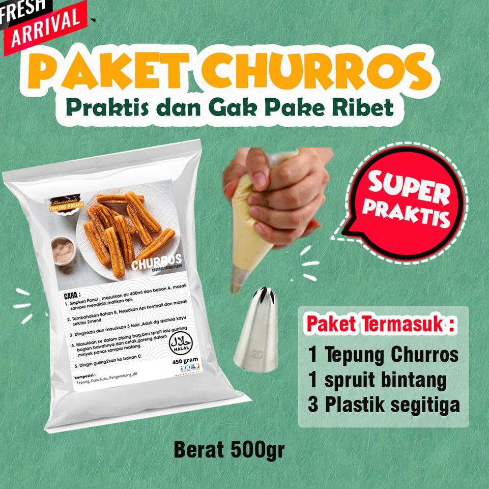 

F31 PAKET !! TEPUNG PREMIX CHURROS 450GR DENGAN SPRUIT DAN PLASTIK SEGITIGA BARANG TERUPDATE ㅄ