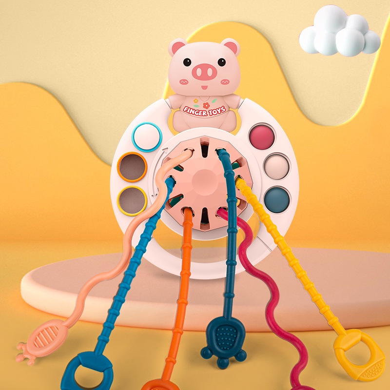 Push-button Enlightenment Bear Pull Rope Toy 5in1 Fun Rattles Pull Ring Toys High Quality Silicone Pull String Mainan Jari Edukasi