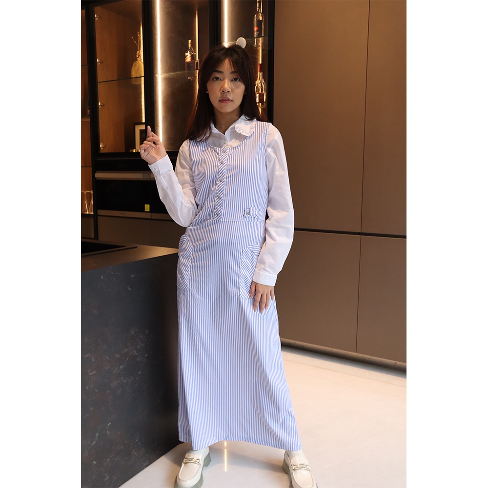 Gamis Missty Wanita Warna Putih Biru Motif Salur Spesial Lebaran FREE PREMIUM HIJAB Best Seller Vari