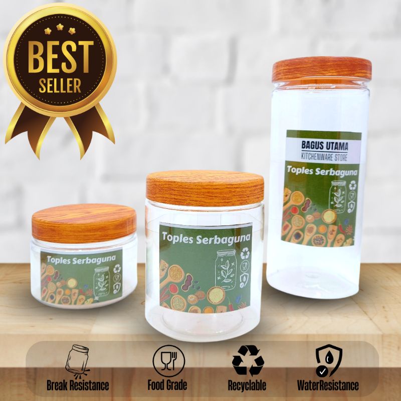 Toples Plastik Kue Lebaran Tutup Kayu Wadah Bumbu Dapur 300/400/600/1000/1300 ml Toples Serbaguna
