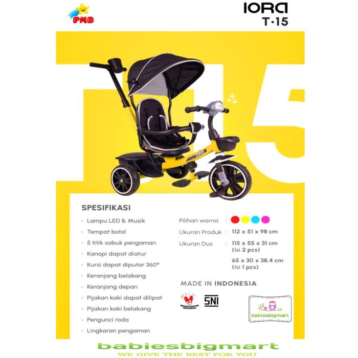 Sepeda Anak Roda Tiga Stroller PMB Iora T 15 Tricycle T15 Sabuk 2Arah