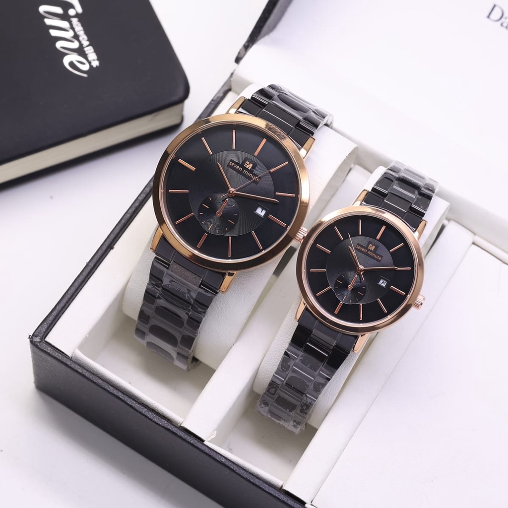 Jam Tangan Couple Seven Minute L31504S Tali Rantai Tanggal Aktif Free Box &amp; Baterai