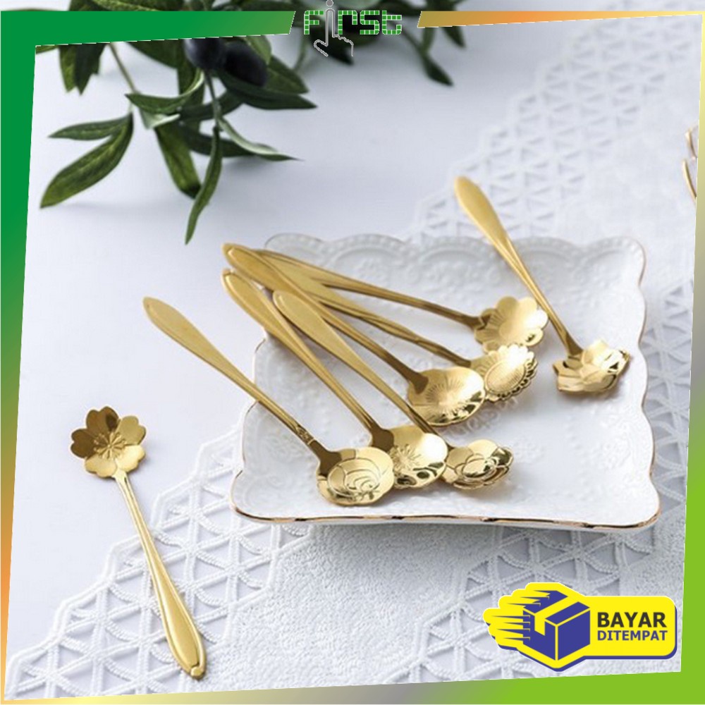 FH-C766 Sendok Korea Teh Kopi Kecil Stainless Steel Motif Love Elegant Warna Gold / Sendok Bunga Emas Spoon Dessert Import