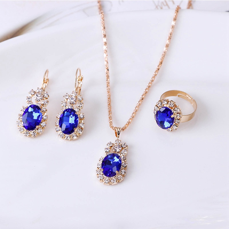 3pcs/set Cincin Kalung Anting Kristal Rantai Cakar Permata Oval