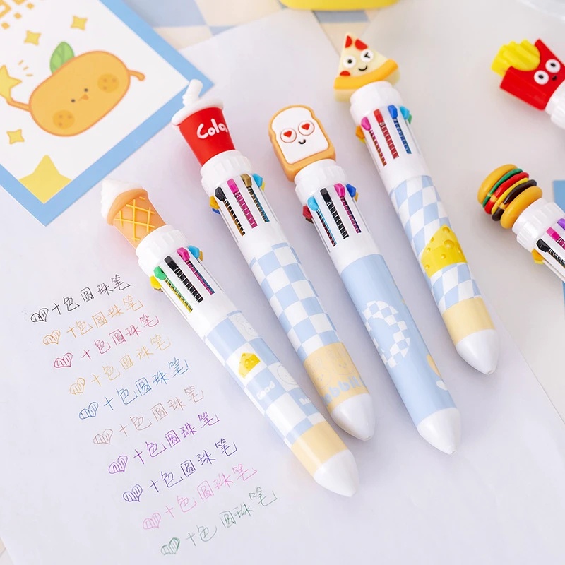 [Warna Random] 10warna Kreatif Lucu Tekan Jenis Bolpoin Kartun Warna-Warni Siswa Pena Kawaii Fast-food Berbentuk Bola-point Pulpen Warna-Warni Alat Tulis Kantor Sekolah