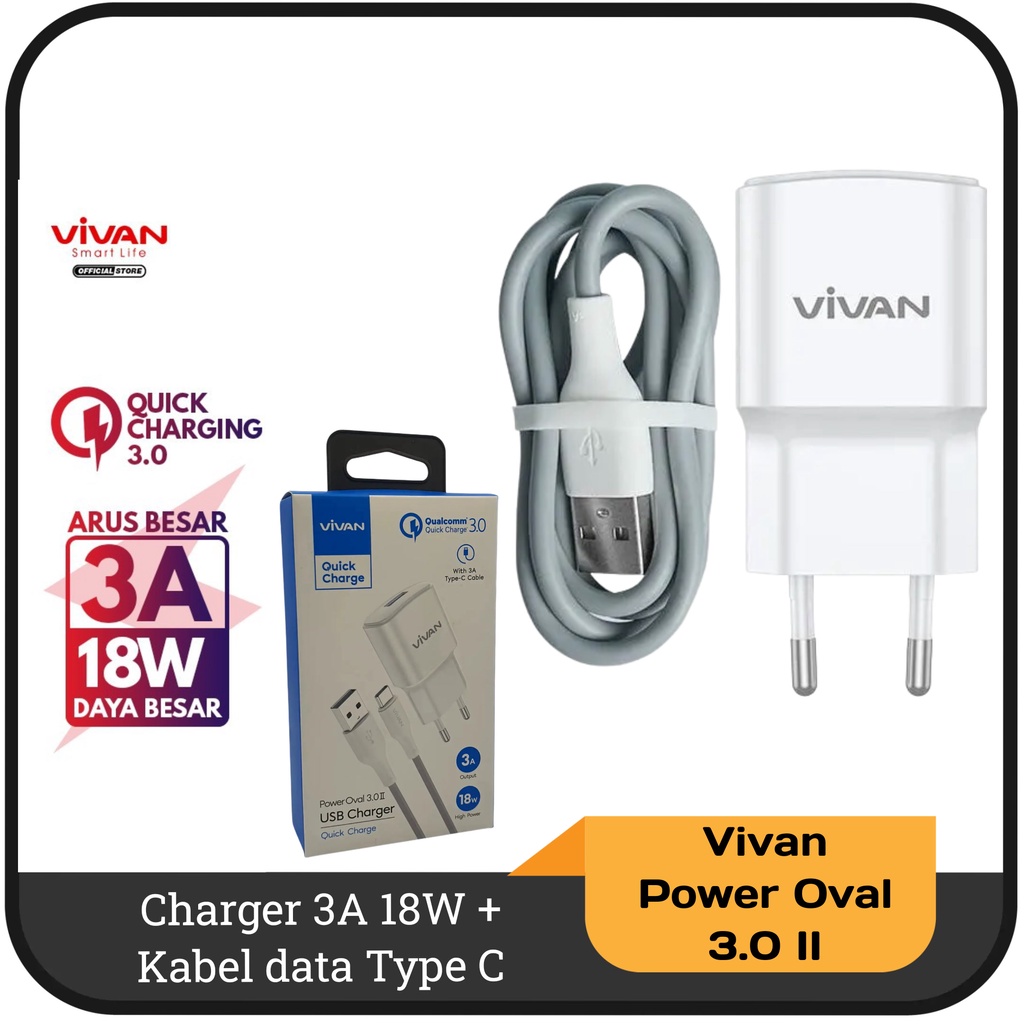 Charger 3A 18W Single USB Port + Kabel data Type C Vivan Power Oval 3.0 II