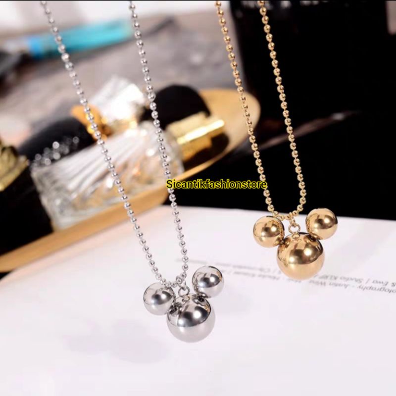 Promo Kalung Titanium Wanita Liontin Mickey Mouse Terbaru Terlaris Anti Karat Selamanya Perhiasan Wanita Korea Kekinian Kalung Biji Lada Silver