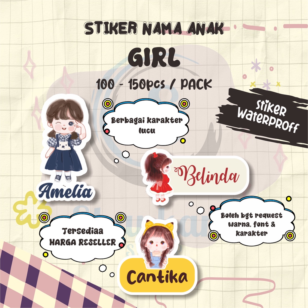 

( 100-150pcs) Stiker Nama TEMA GIRL / Stiker Tumbler / Stiker Barang / Stiker Hologram