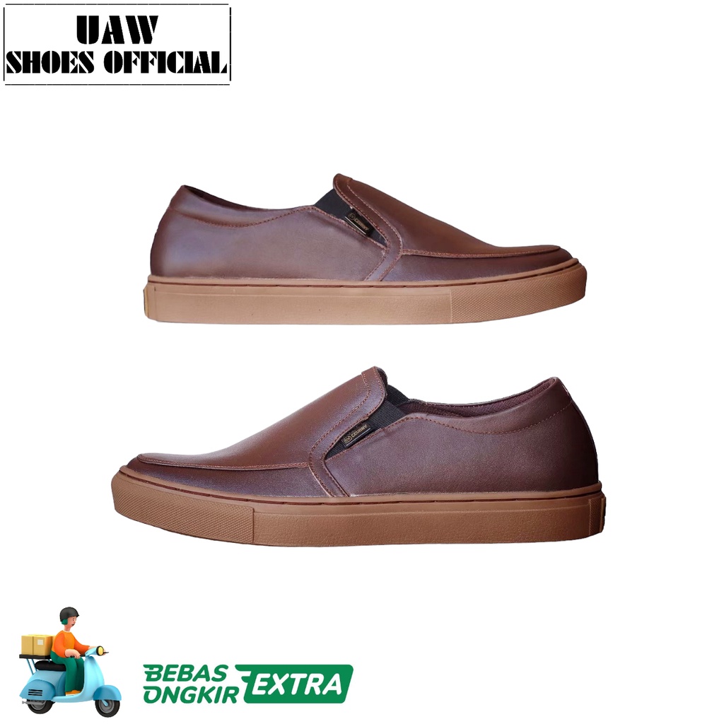 uawshoesofficial x SEPATU SLIP ON I CEVANY MANZI BROWN - Sepatu Original Slip On Sneakers Kulit Pria