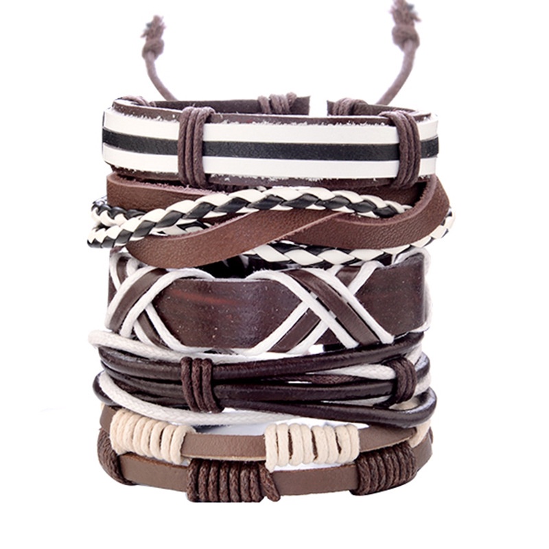 Kombinasi Pribadi Multi-layer Daun Bulu Pu Kulit Buatan Tangan Mode Gelang Vintage Punk Bracelet