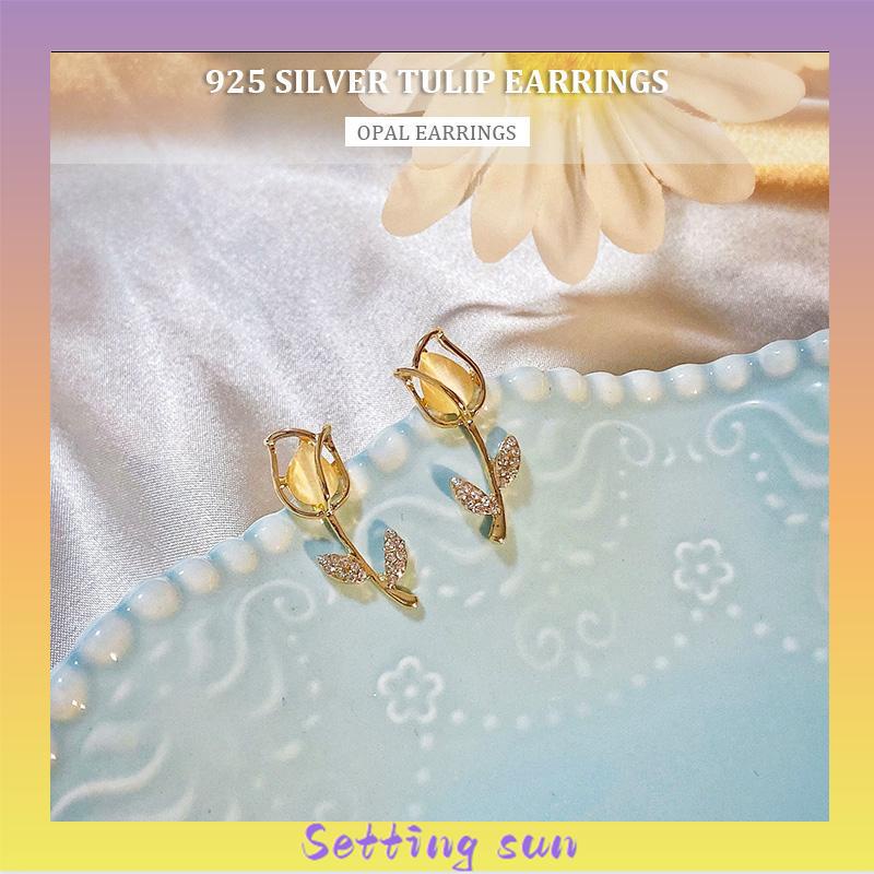 Anting Stud Desain Bunga Tulip Bahan S925 Silver Gaya Korea Untuk Wanita TN