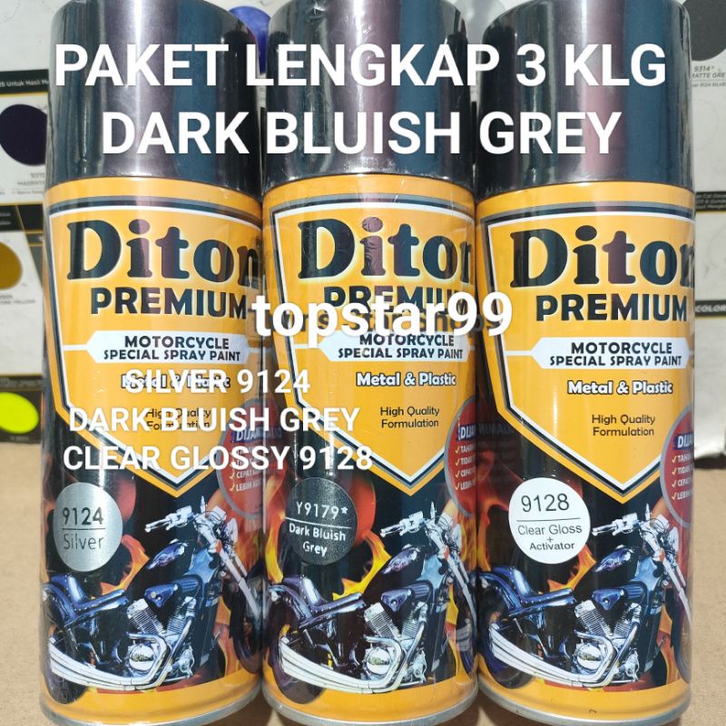 Diton Premium Paket Lengkap 3 Kaleng 400cc Dark Bluish Grey Abu-Abu Monyet 9179 Silver 9124 Clear Glossy 9128 Pilox Pilok Cat Semprot Spray Paint