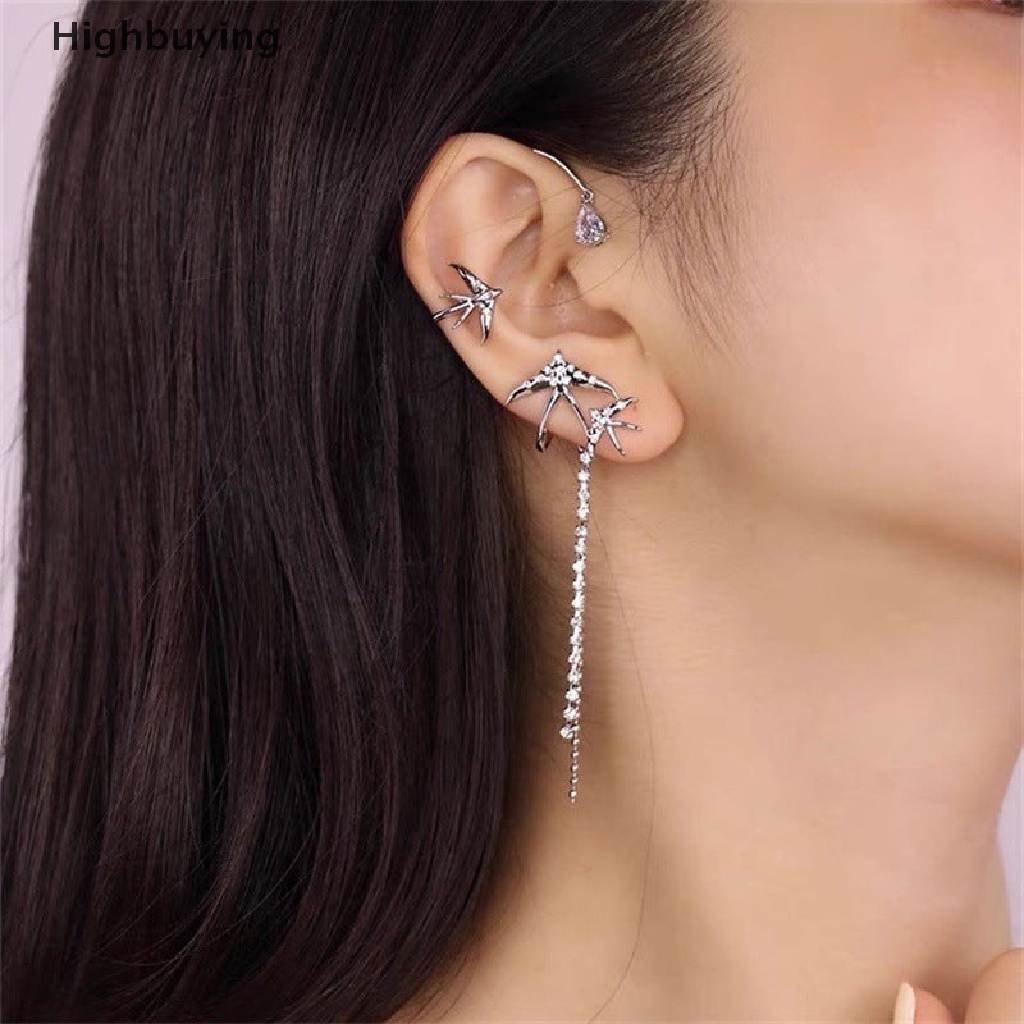 Hbid Indah Hewan Pola Burung Bungkus Telinga Memakai Rumbai Wanita Anting Klip Manset Telinga Bintang Tanpa Tindik Ear Hook Rantai Panjang Earing Perhiasan Glory