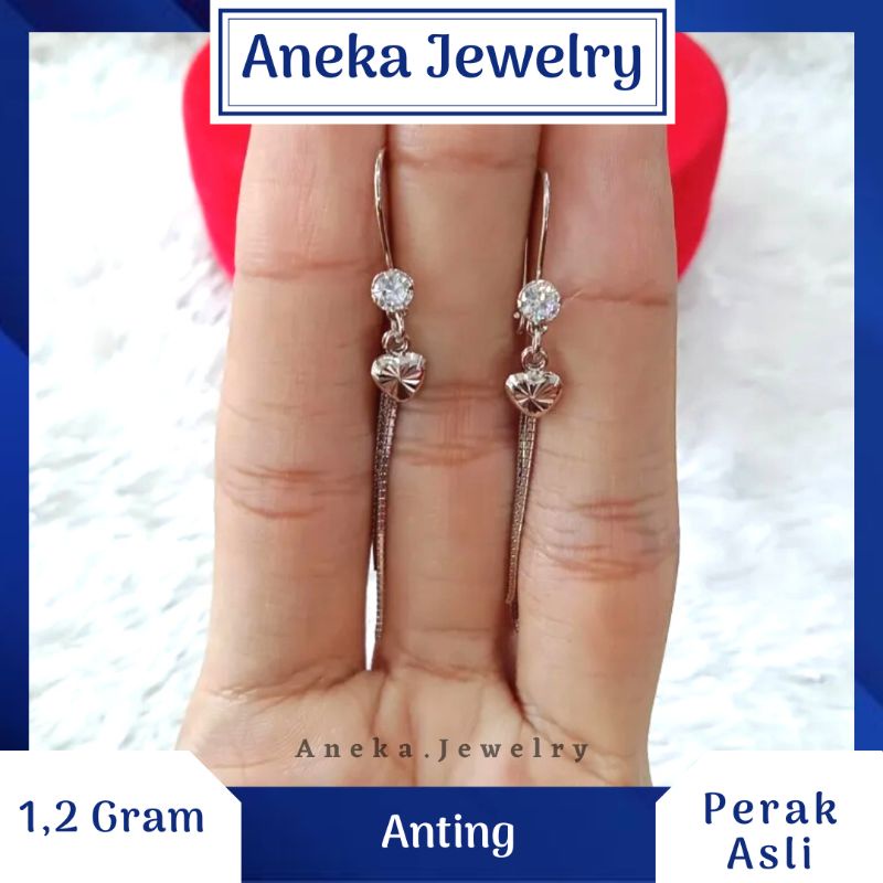 Anting Gantung Love 2 Tali, Sepuh Emas Putih, Perak 925