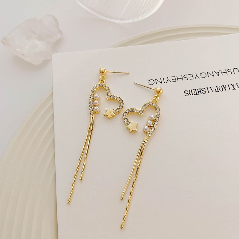 AY(CN) Anting Rumbai Hati Hollow Elegan Mutiara Kristal Gold Drop Earring Untuk Aksesoris Perhiasan Wanita