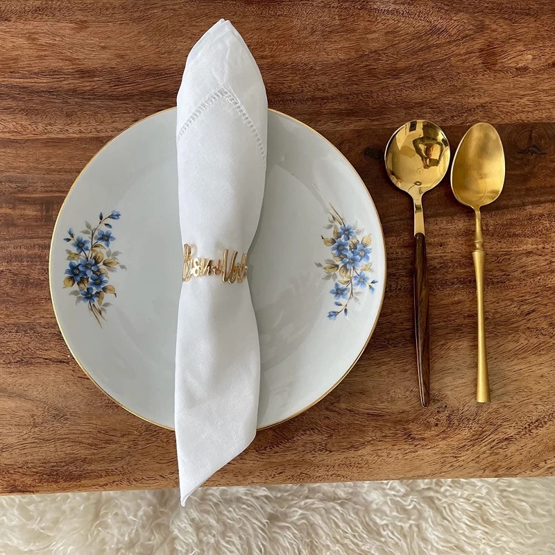 [Harga Grosir] Feast Dinner Sendok Garpu Ornamen Berkah Desain Huruf Serbet Cincin Taplak Meja Dekorasi Lingkaran Logam Halus Halus Tissue Gesper