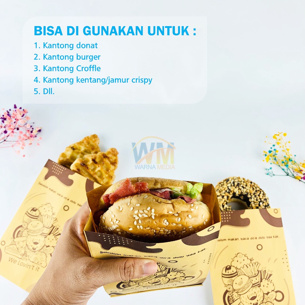 Kantong Donat / Kantong Roti / Kantong Bomboloni / Kantong Kertas / Paper Bag Roti / Kantong  Cemilan / Kantong Kentang / Wadah Donat / Kantong Croffle / Kemasan Cemilan / Kertas Kantong Serbaguna