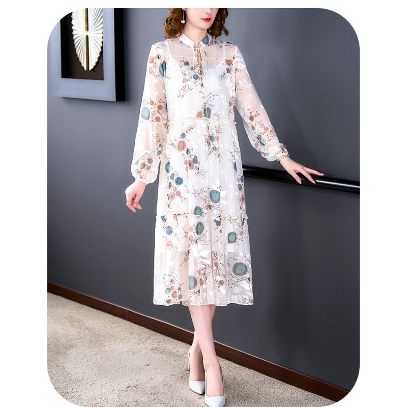 Dress wanita putih motif  gambar rame sifon Korea lengan panjang  elegant