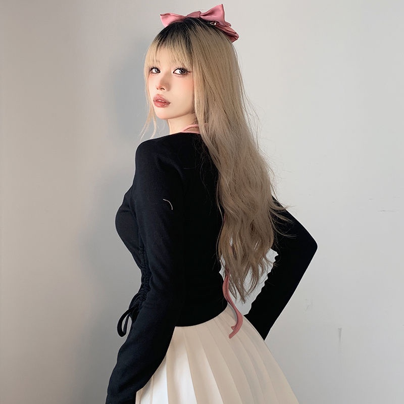 Red 2023 Baru Splicing Merah Muda Halter Leher Dasi Dicetak T-shirt Wanita Lipit Tali Slim-Fit Pendek Lengan Panjang top Ins