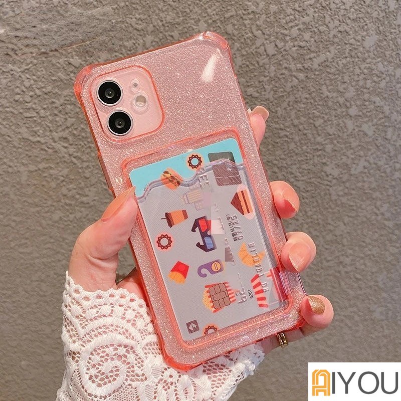 IPHONE Soft Case Bening Glitter Untuk Iphone14 13 12 Pro Max11 MiNi X XR XS 7 8 Plus SE 2 Dompet Silikon Slot Kartu Holder Shockproof Cover