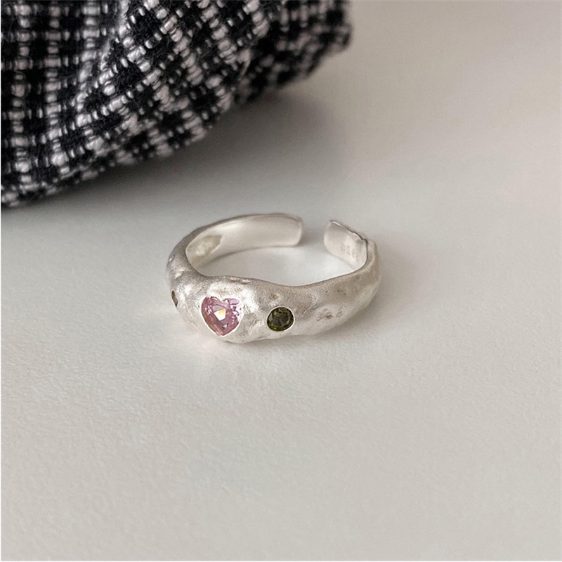 Cincin Minimalis Warna Perak Pembukaan Dapat Disesuaikan Untuk Wanita Trendi Elegan Hati Merah Muda Zirkons Ring Perhiasan Pesta Pernikahan