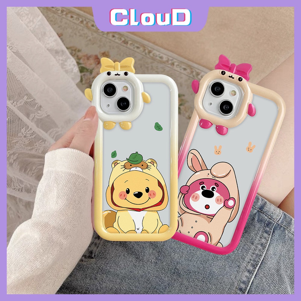 Casing Manyo Beruang Strawberry Lucu Kompatibel Untuk iPhone 7Plus 11 13 12 14 Pro Max XR 7 6s 14 8 6 Plus X XS Max SE 2020 Winnie The Pooh 3D Bow-knot Little Monster Lens Soft Cover