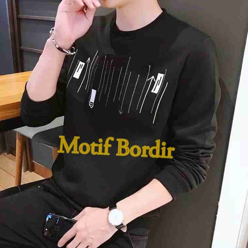 COD/KY/ Baju Kaos Lengan Panjang Pria  Mideo Motif Bordir Terlaris Kaos Distro Keren