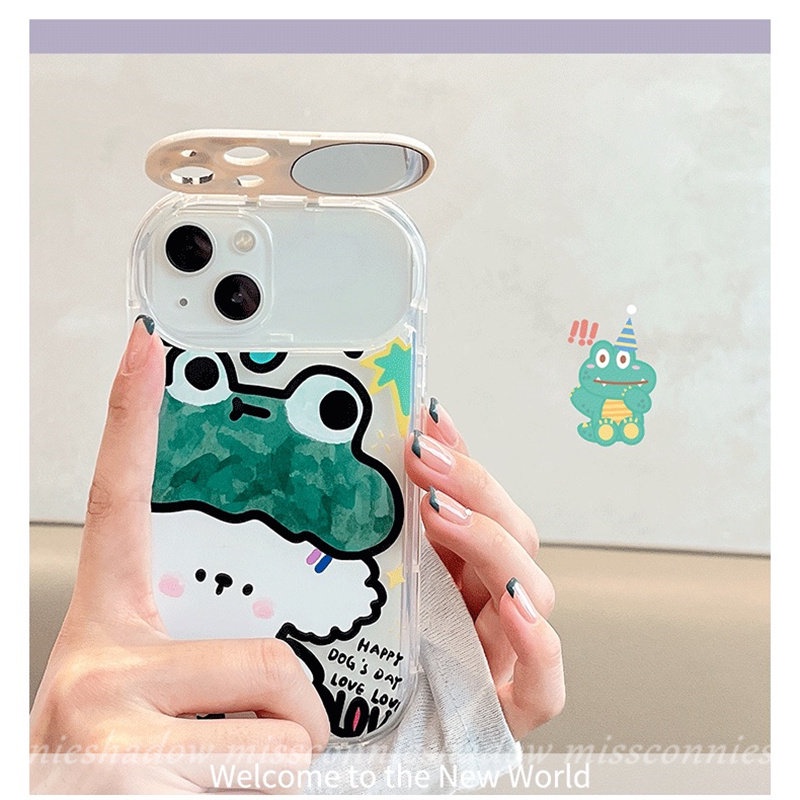 Flip Kreatif Make Up Mirror Case Kompatibel Untuk IPhone 14 Pro MAX 7Plus 8Plus XR 11 12 13 14 Pro MAX X XS MAX SE 2020 Graffiti Lucu Kartun Hewan Kodok Anjing Kelinci Soft Cover