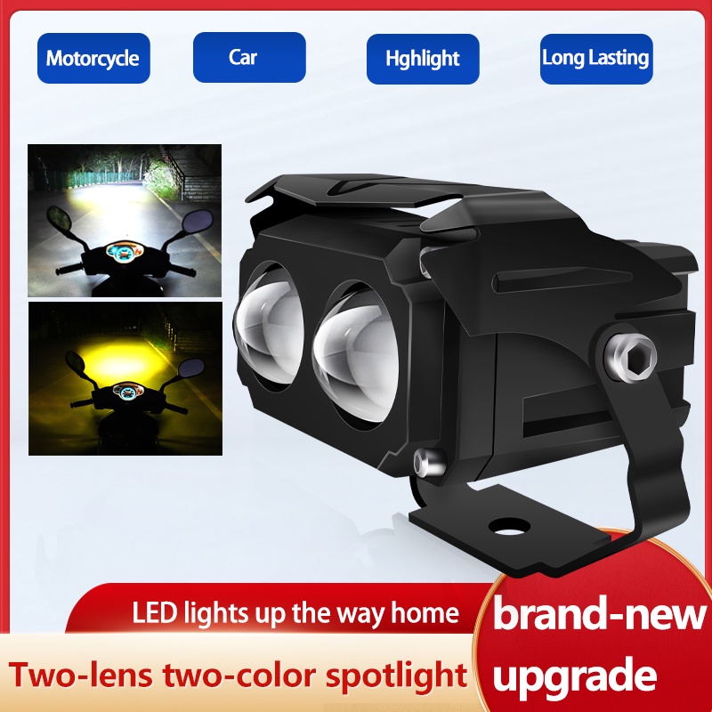 Lampu Spot Lampu LED Motor Lensa Ganda Putih Kuning Warna Ganda Lampu Kabut Cahaya Tinggi Dan Rendah 80W
