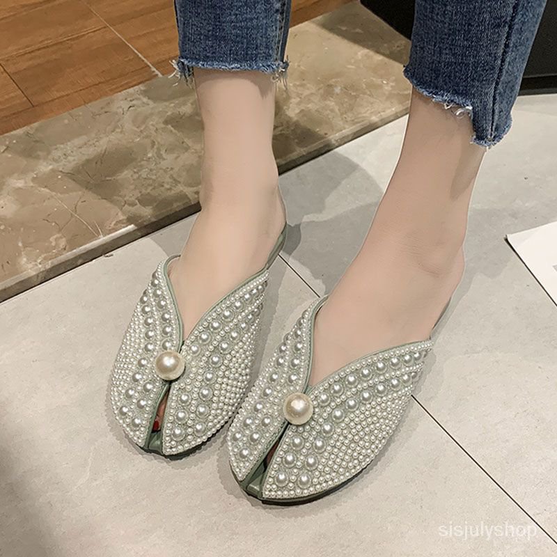 #Sisjuly# Sandal Baotou sandal mutiara sandal bawah datar wanita baru sandal mutiara