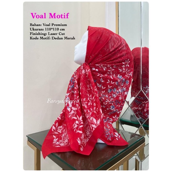 hijab segiempat motif bunga warna merah cabe krudung voal premium