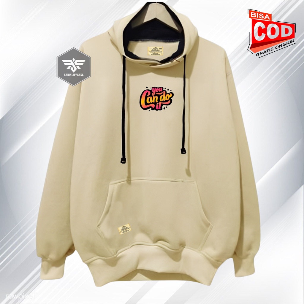 Hoodie Distro Pria Wanita Warna Cream Tulisan You Can Do It Jumper Premium Bahan Fleece Tebal Sweater Cowok Cewek Oversize Hodie Suiter Terlaris Dan Terpopuler Hudi Switter Hoodie