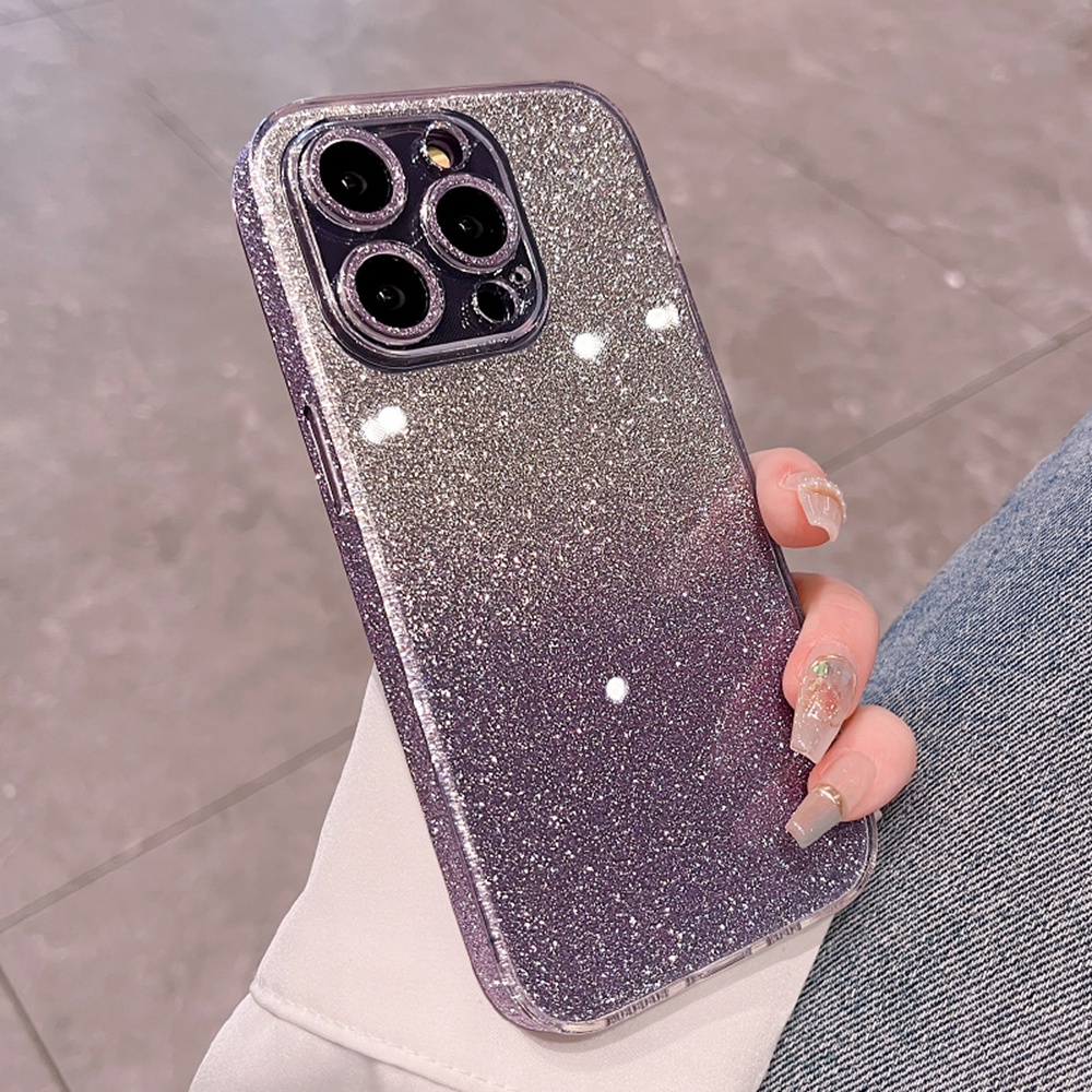 IPHONE Casing Gradasi Glitter Untuk Iphone14Plus14Pro MAX Bening Tempered Glass Case Untuk Iphone12 13 Pro MAX Casing Pelindung Kamera