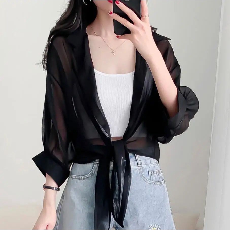 Toply shop COD+ GRATIS ONGKIR  Kemeja chiffon korean style / Cardigan outer polos kerah korean