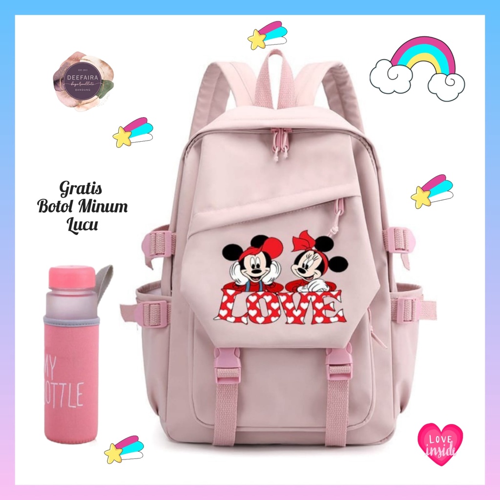 Tas Ransel Anak Perempuan Sd &amp; Smp Motif MKeyM0usee Free Botol Minum Lucu