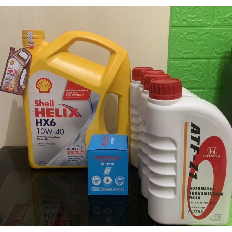 Paket Oli shell helix Hx6 10w 40+Oli matic atf z1(4liter)+filter oli mobilio,brio,jazz rs,freed