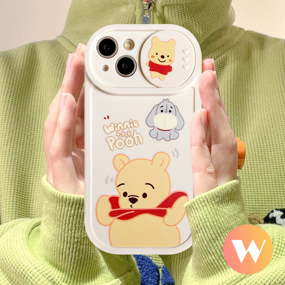 IPHONE Kartun Pasangan Case Kompatibel Untuk Iphone11 13 12 Pro Max 7Plus XR 6Plus X XS Max Cute Strawberry Bear Manyo Winnie the Pooh Pull Push Window Pelindung Kamera Soft Cover