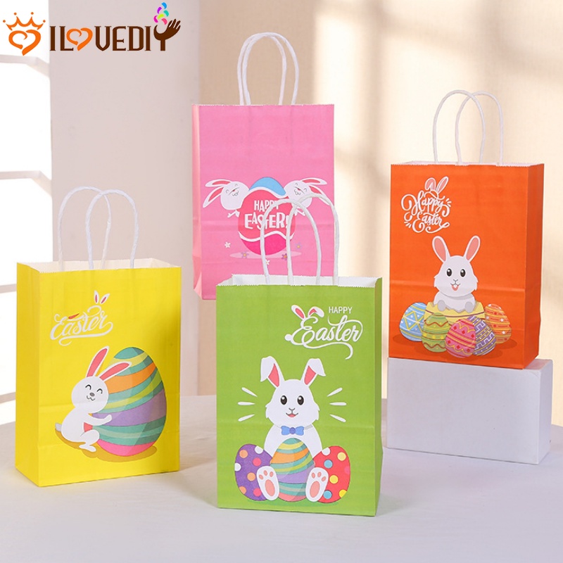 Bunny Pattern Kraft Paper Bag Kapasitas Besar Alat Tulis Mainan Paket Penyimpanan Kue Permen Snack Packing Kantong Festival Hadiah Ulang Tahun Dekor Paket